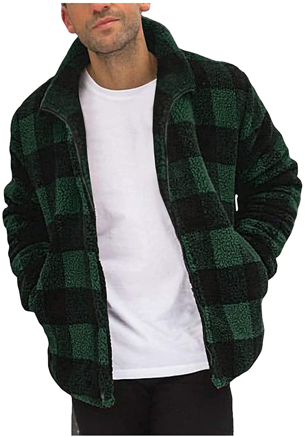 Merthy Mens Fuzzy Sherpa Fleece Jacket Casual Long Sleeve Stand Collar Furry Faux Woolen Cardigan Coat Zipper Teddy Coats Apparel & Accessories > Clothing > Underwear & Socks > Shapewear Merthy Green X-Large 