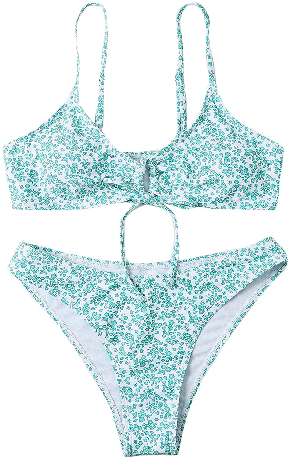 SOLY HUX Women's Floral Print Tie Front Bikini Bathing Suit 2 Piece Swimsuits Apparel & Accessories > Clothing > Swimwear KYLIE MAX Green Ditsy Large 
