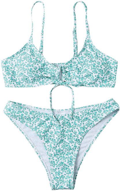 SOLY HUX Women's Floral Print Tie Front Bikini Bathing Suit 2 Piece Swimsuits Apparel & Accessories > Clothing > Swimwear KYLIE MAX Green Ditsy Large 