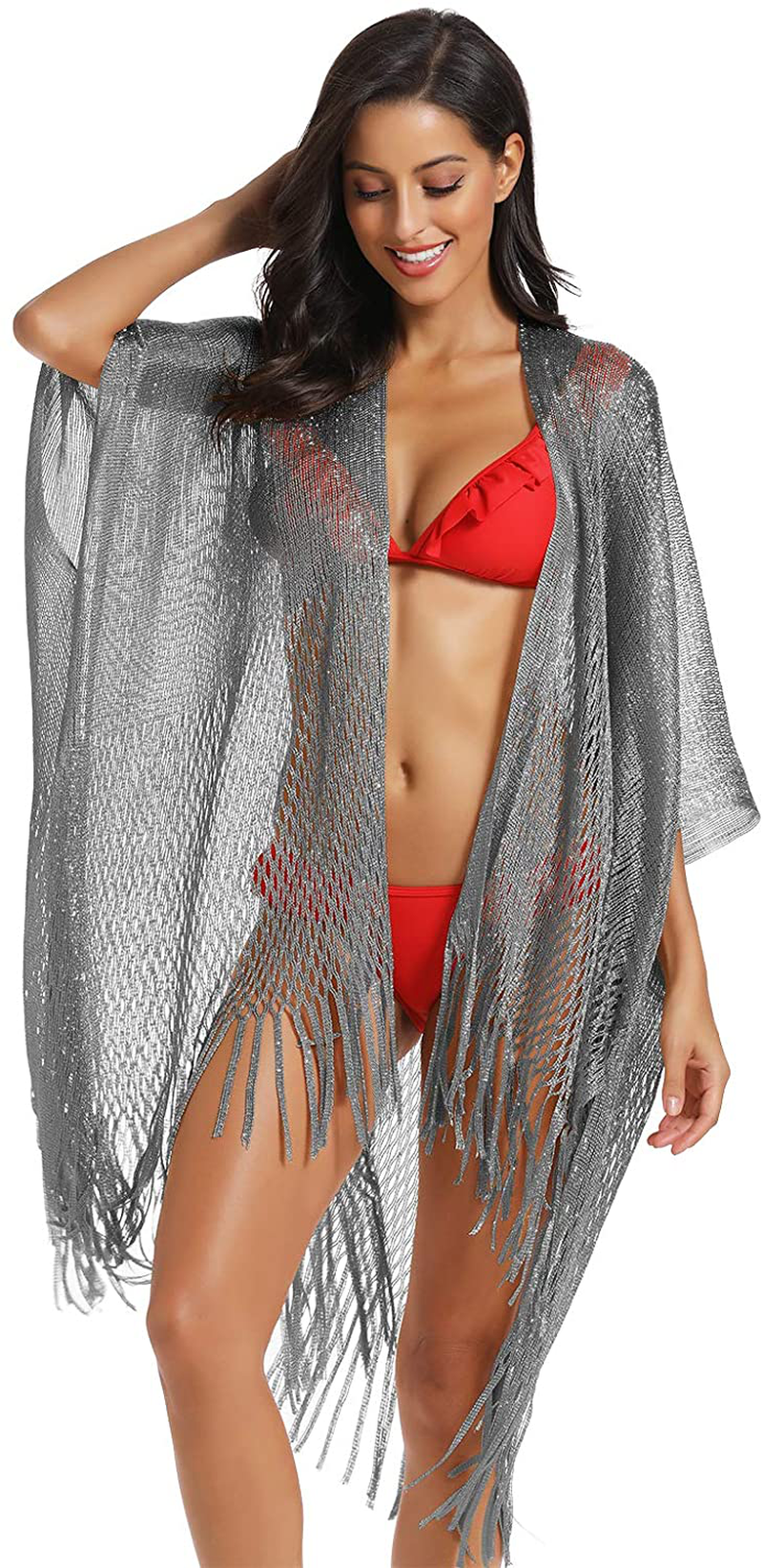 Metallic Sparkly Kimono Cardigan Swimsuit Beach Bikini Cover Ups Open Front Casual Blouse Tops Apparel & Accessories > Clothing > Swimwear Kylie Max   