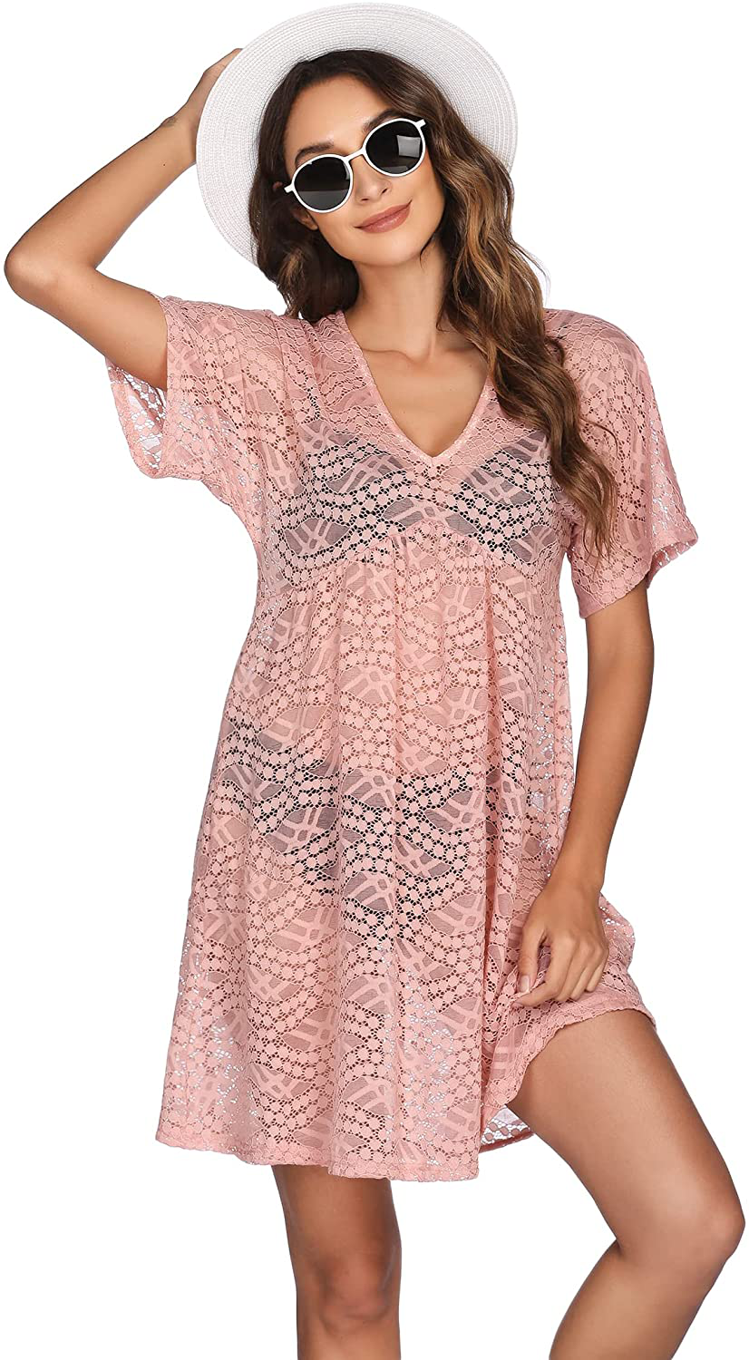 Ekouaer Women Swimsuit Cover Ups Batwing Sleeve Sheer Lace Cover up Bathing Suit Beach Dress Apparel & Accessories > Clothing > Swimwear Kylie Max   
