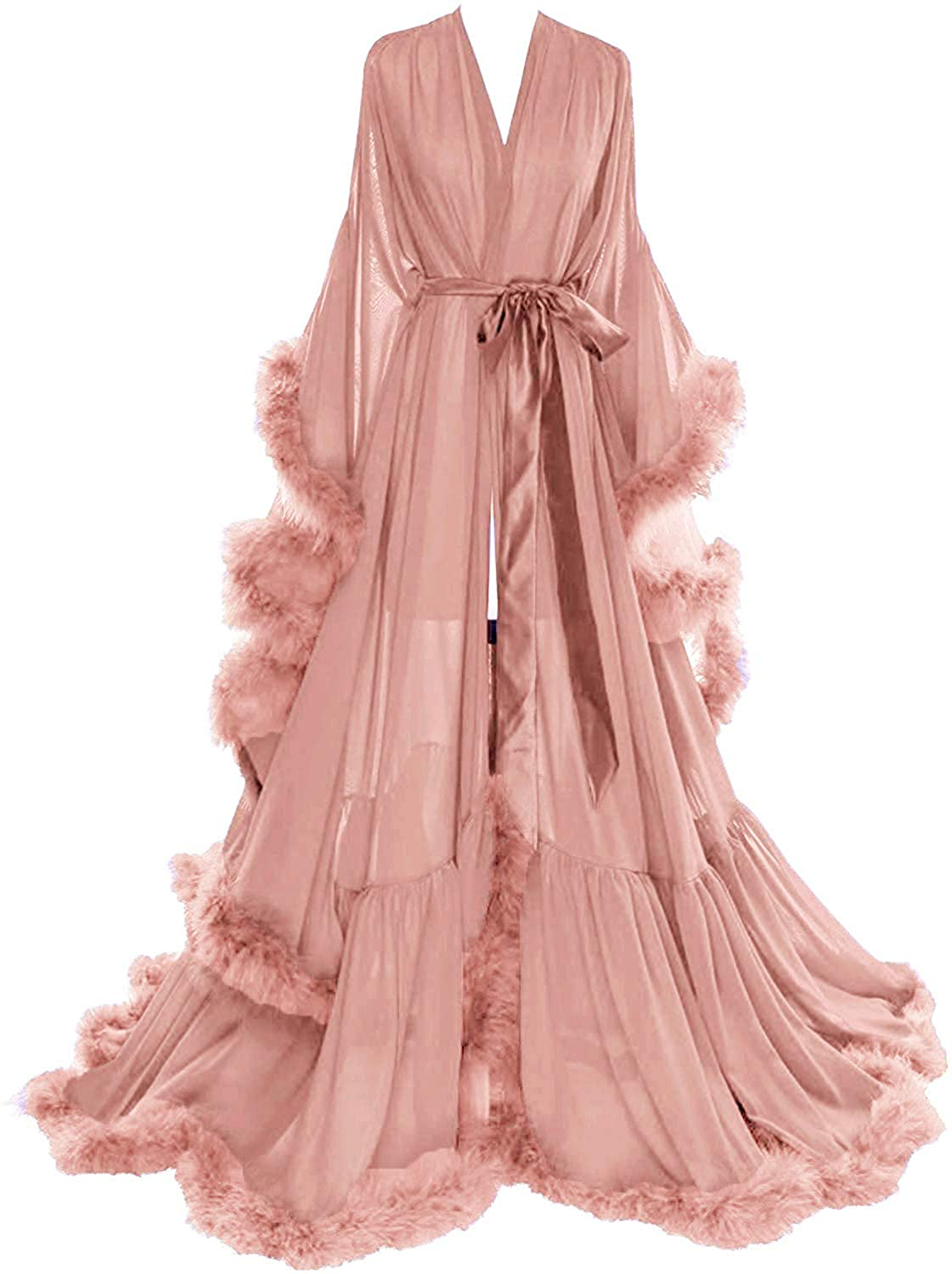 Molisa Women'S Sexy Feather Bridal Robe Long Wedding Scarf Illusion Bathrobe Sleepwear Lingerie Robe Nightgown Apparel & Accessories > Clothing > Sleepwear & Loungewear > Robes Molisa Dusty Rose 4X-Large 
