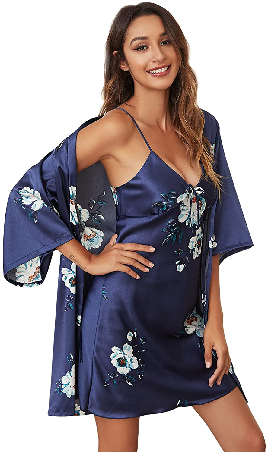 Escalier Womens Silk Satin Pajamas Set 2Pcs Silky Pj Sleepwear Lapel Loungewear Apparel & Accessories > Clothing > Sleepwear & Loungewear > Robes Escalier Navy Floral X-Large 