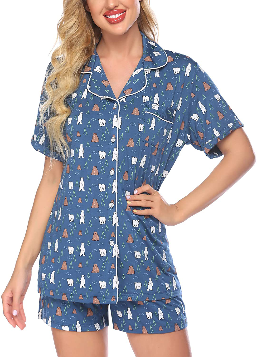 Ekouaer Pajamas Set Short Sleeve Sleepwear Womens Button Down Nightwear Soft Pj Lounge Sets XS-XXL Apparel & Accessories > Clothing > Sleepwear & Loungewear > Pajamas Ekouaer Pat9-polar Bear Large 