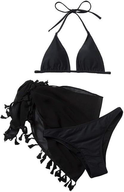 SOLY HUX Women'S Tie Dye Wrap Bikini Bathing Suits with Mesh Beach Skirt 3 Piece Swimsuits Apparel & Accessories > Clothing > Underwear & Socks > Lingerie KYLIE MAX Black Large 