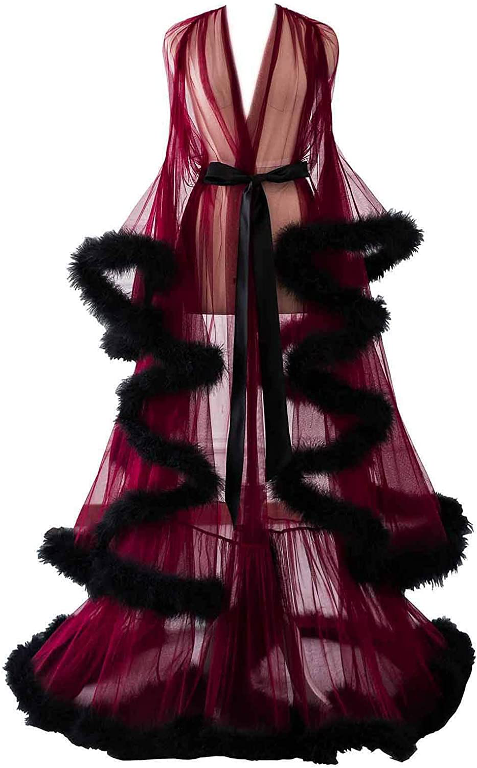 Changuan Sexy Illusion Long Lingerie Robe Nightgown Bathrobe Sleepwear Feather Bridal Robe Wedding Scarf Apparel & Accessories > Clothing > Sleepwear & Loungewear > Robes Changuan   