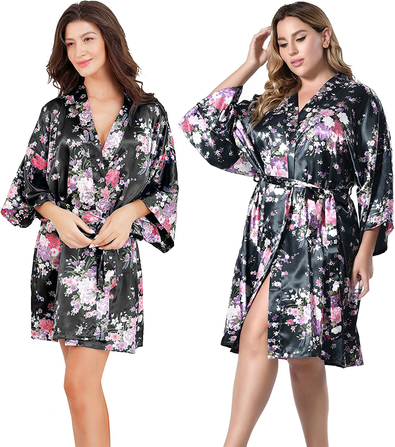 EPLAZA Women Floral Satin Robe Bridal Dressing Gown Wedding Bride Bridesmaid Kimono Sleepwear Apparel & Accessories > Clothing > Sleepwear & Loungewear > Robes EPLAZA Black XX-Large-3X-Large 