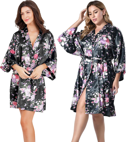 EPLAZA Women Floral Satin Robe Bridal Dressing Gown Wedding Bride Bridesmaid Kimono Sleepwear Apparel & Accessories > Clothing > Sleepwear & Loungewear > Robes EPLAZA Black XX-Large-3X-Large 