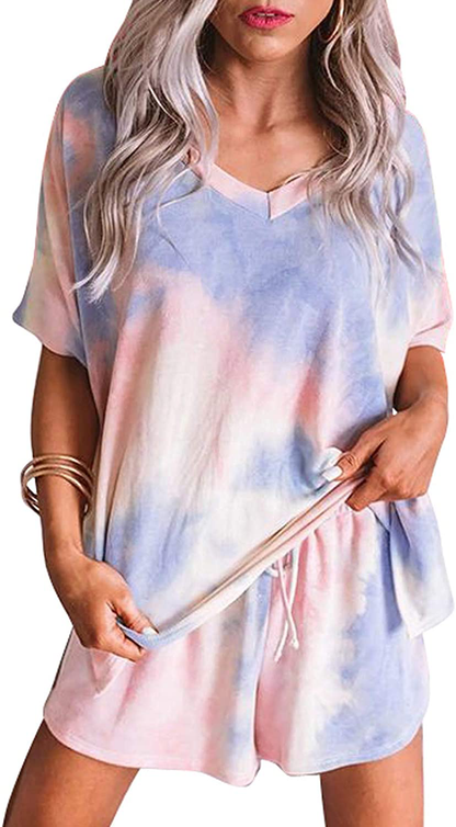 luvamia Women Tie Dye Pajama Sets Long Sleeve Tops and Pants PJ Sets Joggers Loungewear Sleepwear Apparel & Accessories > Clothing > Sleepwear & Loungewear > Pajamas KYLIE MAX Short Set-v Neck Purple Small 