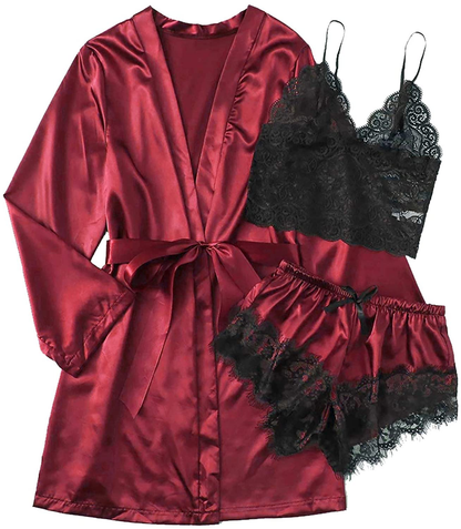 TAKOYI Women'S Sexy Lace 3 Piece Satin Robe and Pajama Set Cami Top Lingerie with Robe Camisole Shorts Apparel & Accessories > Clothing > Sleepwear & Loungewear Kylie Max   