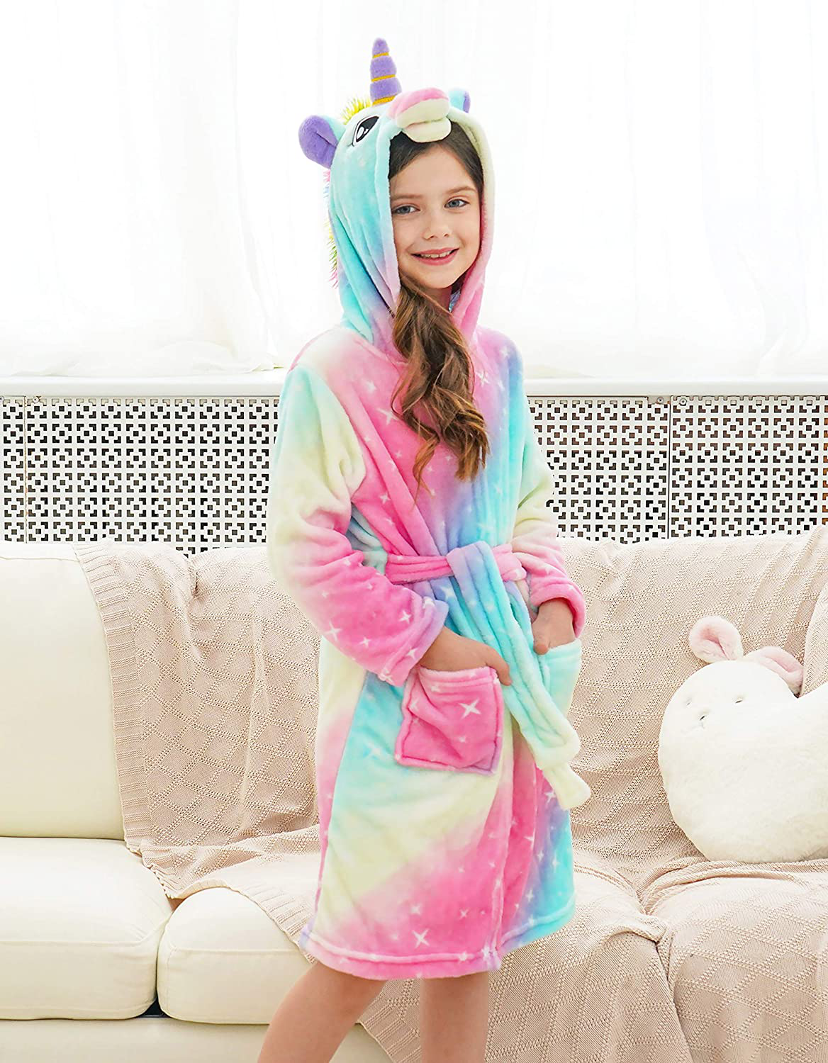 Doctor Unicorn Soft Unicorn Hooded Bathrobe Sleepwear Matching Slippers Girls Apparel & Accessories > Clothing > Sleepwear & Loungewear > Robes Kylie Max   