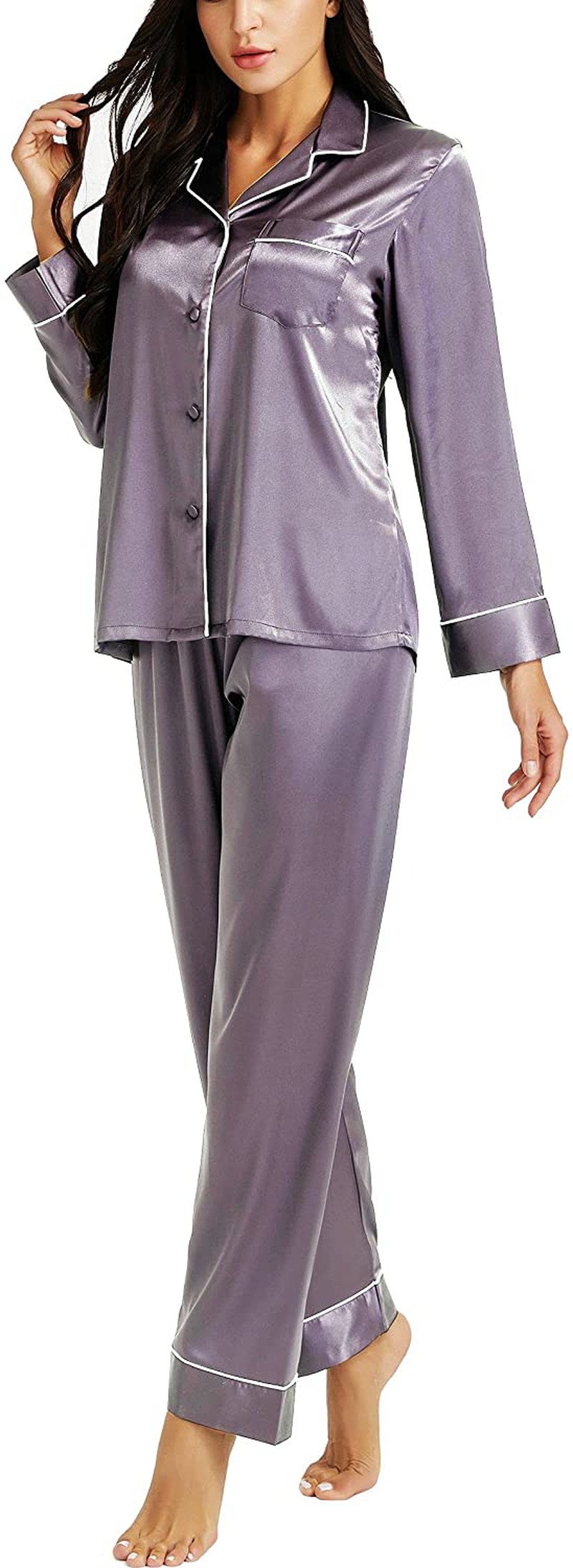 LONXU Womens Silk Satin Pajamas Set Button Down Sleepwear Loungewear XS~3XL Apparel & Accessories > Clothing > Sleepwear & Loungewear > Pajamas Lonxu Grey X-Small 
