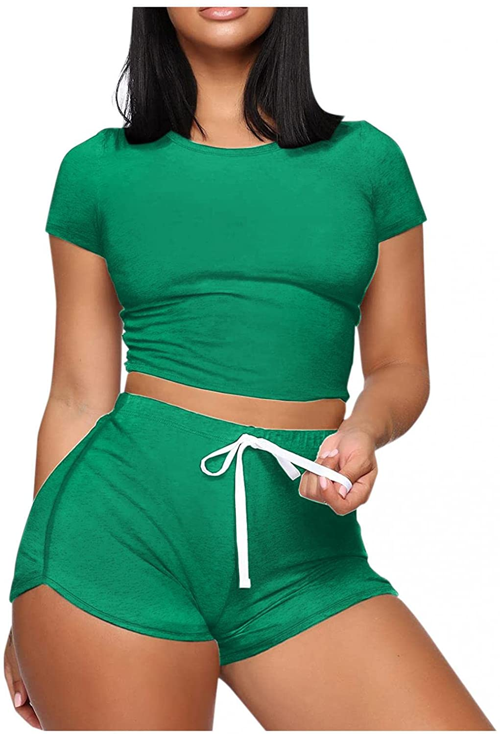 Burband Womens 2 Piece Short Lounge Sets Short Sleeve Summer Crop Top and Biker Shorts Active Tracksuits Jogger Sweatsuits Apparel & Accessories > Clothing > Underwear & Socks > Shapewear Burband Green Medium 