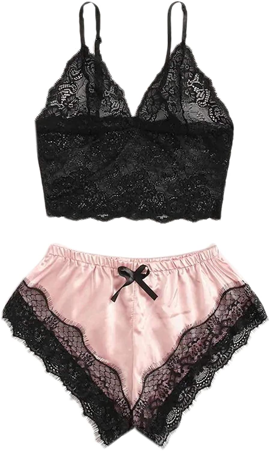 SOLY HUX Women'S plus Size Spaghetti Strap Lace Trim Bralette and Shorts Sleepwear Pajama Lingerie Set Apparel & Accessories > Clothing > Underwear & Socks > Lingerie KYLIE MAX Black & Bright Pink 4X-Large Plus 