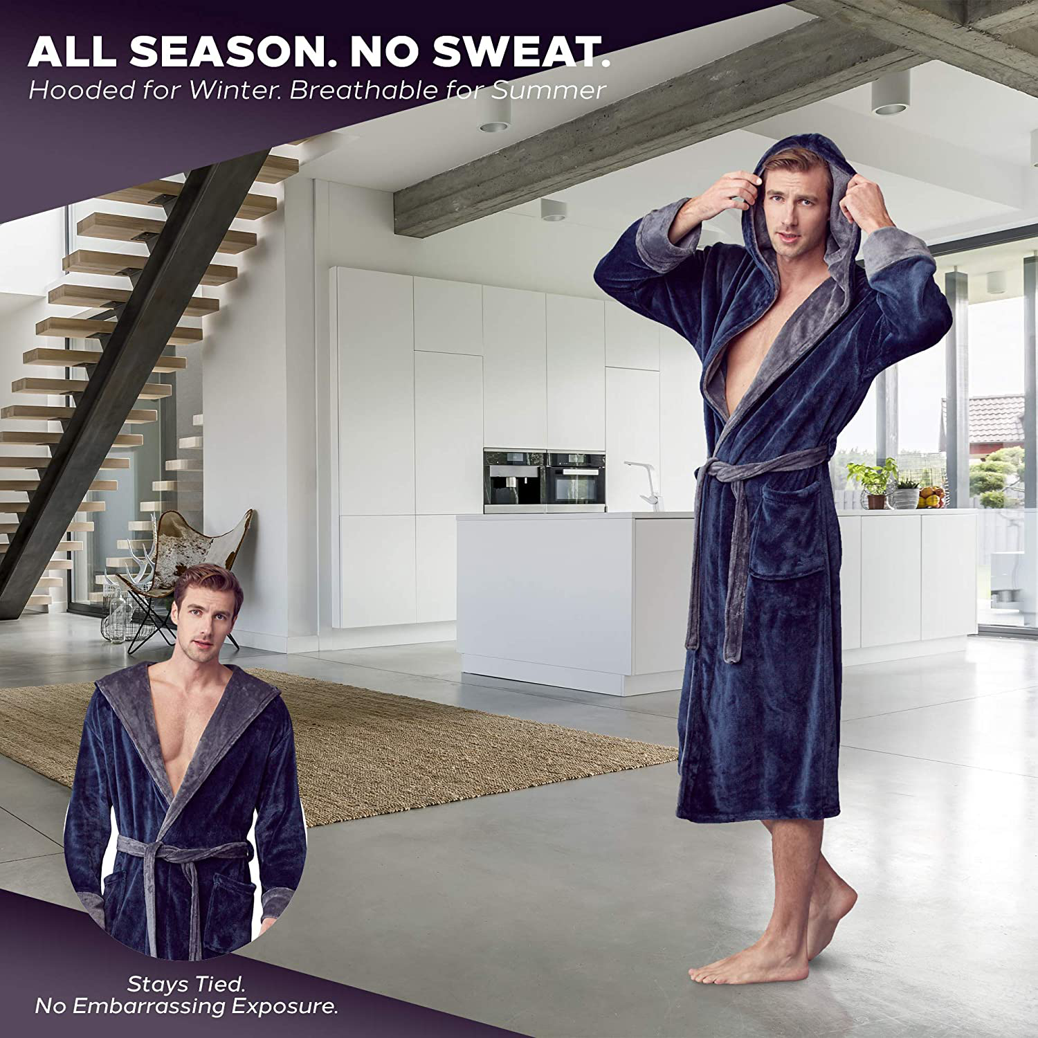 LOTUS LINEN Mens Plush Robe, Soft Hooded Long Robes for Men, Luxury Mens Bathrobes Apparel & Accessories > Clothing > Sleepwear & Loungewear > Robes Kylie Max   