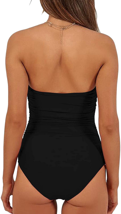 QINSEN Womens Sexy Strapless Tie Knot Front High Waist One Piece Swimsuit Apparel & Accessories > Clothing > Swimwear Kylie Max   