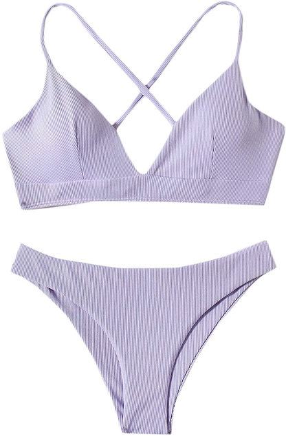 SweatyRocks Women's Bathing Suits Spaghetti Strap Criss Cross Back Bikini Ribbed Swimsuit Apparel & Accessories > Clothing > Swimwear SweatyRocks Lilac Purple X-Small 