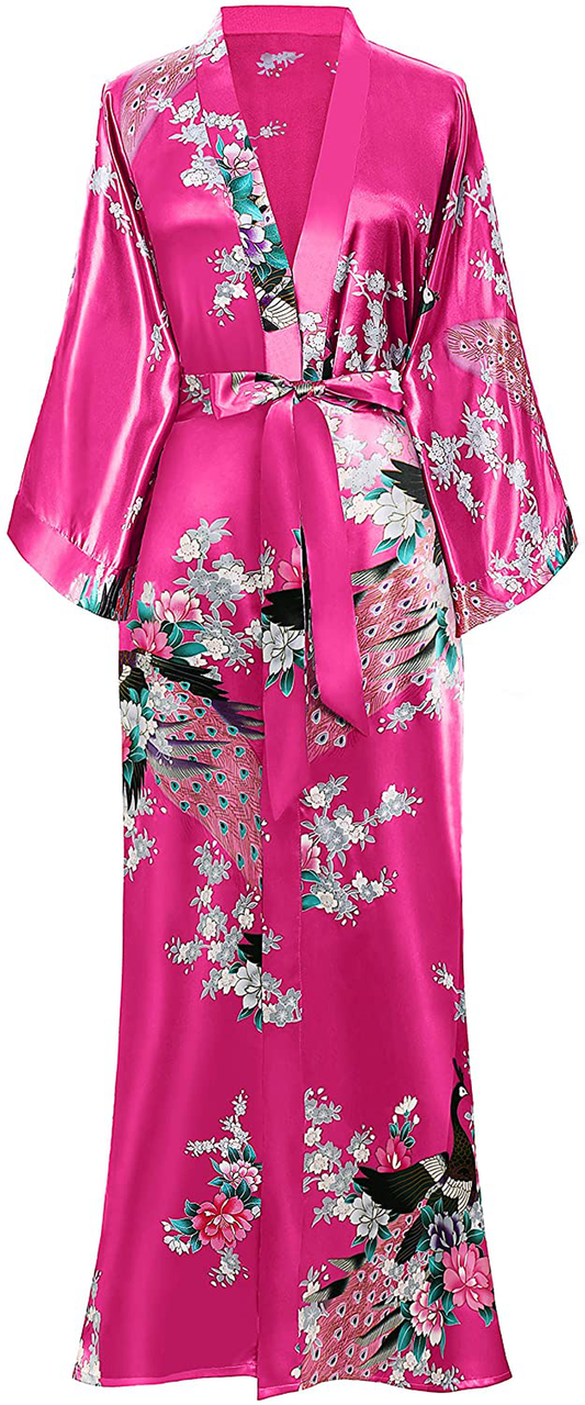 BABEYOND Women'S Kimono Robe Long Robes with Peacock and Blossoms Printed Kimono Nightgown Apparel & Accessories > Clothing > Sleepwear & Loungewear > Robes KYLIE MAX Rose Red  