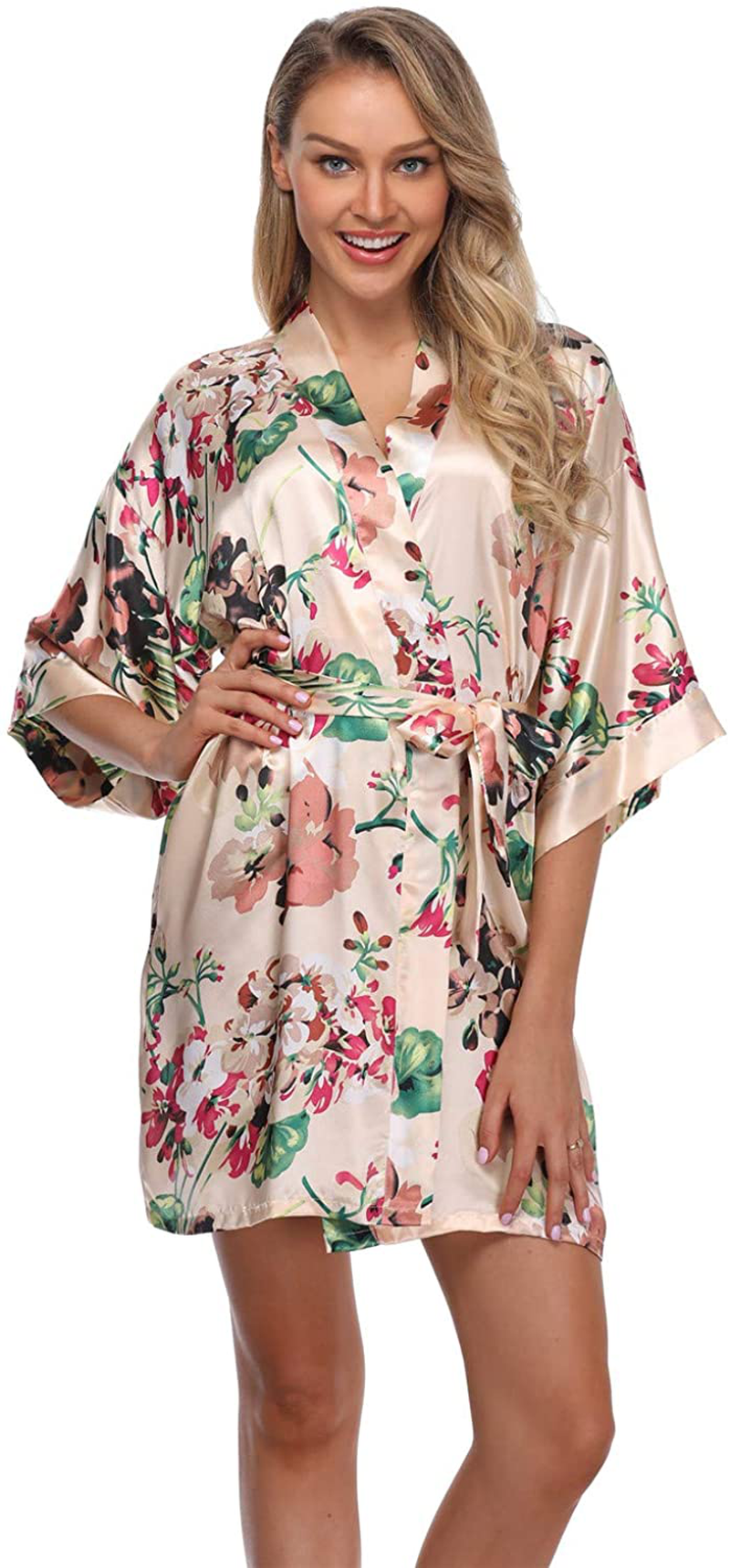 Women'S Floral Satin Kimono Robes Short Bridesmaid Robes for Wedding Party Apparel & Accessories > Clothing > Sleepwear & Loungewear > Robes Super Shopping-zone Champagne Small 