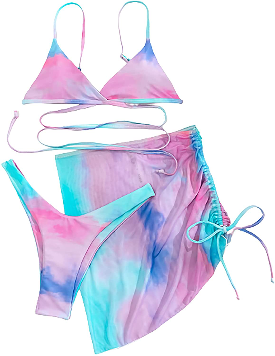 SOLY HUX Women's Wrap Triangle Bikini Bathing Suits with Mesh Beach Skirt 3 Piece Swimsuits Apparel & Accessories > Clothing > Swimwear KYLIE MAX Drawstring Tie Dye Medium 