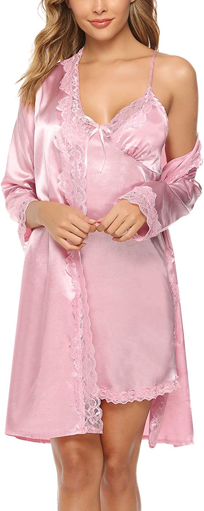 Sykooria Sexy Satin Robes for Women Lace Pajamas Set 2 Piece Sleepwear Ladies Lingerie Nightgown for Bride Party Apparel & Accessories > Clothing > Sleepwear & Loungewear > Robes Sykooria   