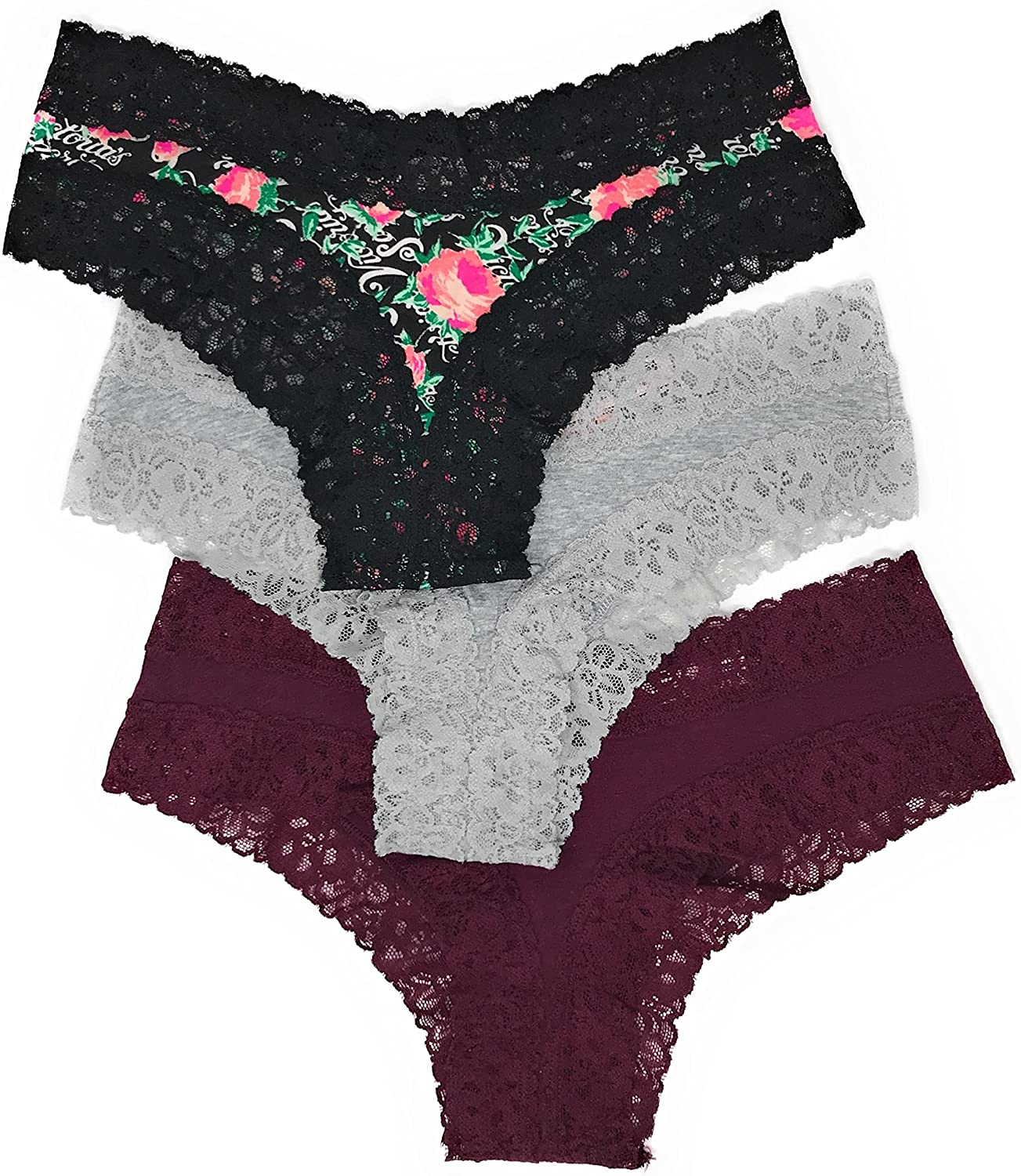 Victoria'S Secret Lace Cheeky Panty Set of 3 Apparel & Accessories > Clothing > Underwear & Socks > Underwear Victoria's Secret Black Logo Floral / Light Gray / Wine Large 