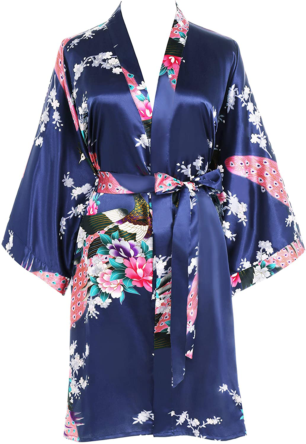 BABEYOND Short Kimono Robe Blouse Peacock Printed Kimono Cover up Loose Cardigen Apparel & Accessories > Clothing > Sleepwear & Loungewear > Robes KYLIE MAX Dark Blue  