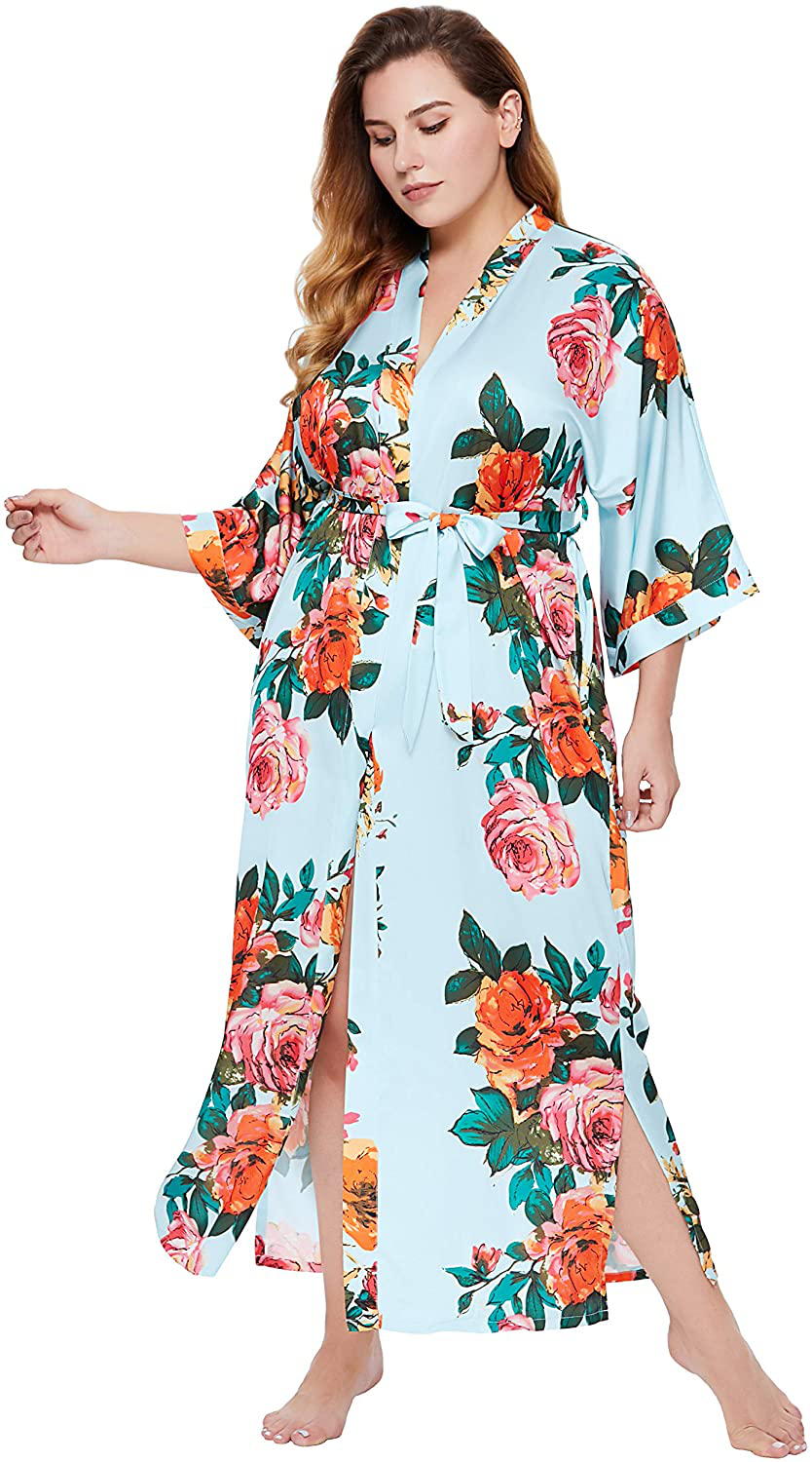 BABEYOND Kimono Robe plus Size Long Floral Satin Robes plus Size Kimono Cover up Loose Cardigan Top Bachelorette Party Robe Apparel & Accessories > Clothing > Sleepwear & Loungewear > Robes KYLIE MAX Lake Blue  