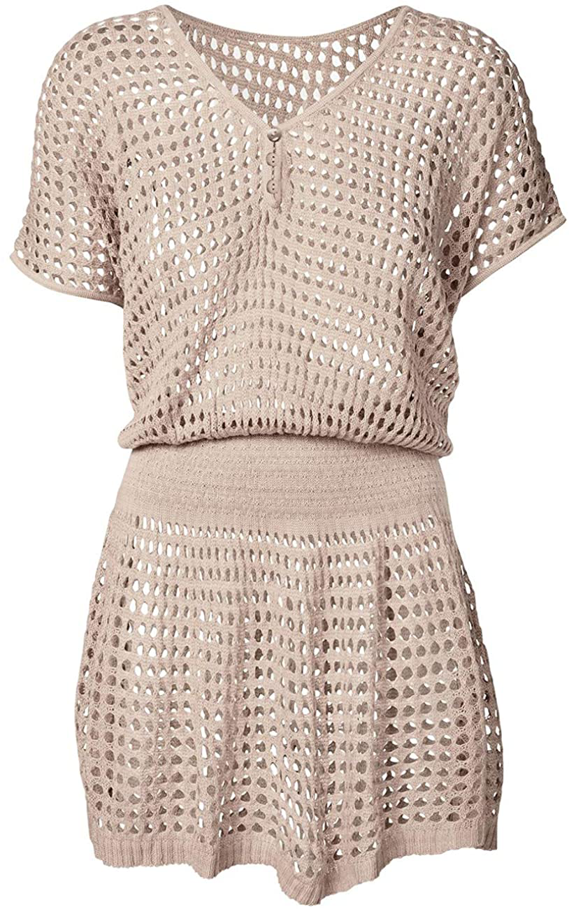 Bsubseach Women Crochet Hollow Out Swim Cover Ups Short Sleeve Beach Swimwear Tunic Dress Apparel & Accessories > Clothing > Swimwear Kylie Max   