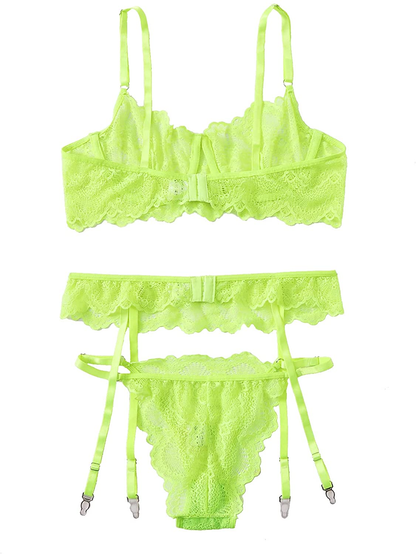 Shein Women'S 3 Piece Floral Lace Lingerie Set with Garter Belts Sexy Bra and Panty Apparel & Accessories > Clothing > Underwear & Socks > Lingerie SheIn   