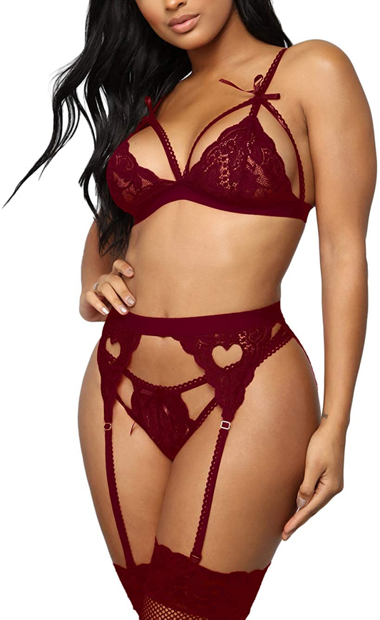 Kaei&Shi Sexy Lingerie for Women, Heart Lingerie Set with Garter Belt, Lace Bondage Lingerie Bra and Panty Sets Apparel & Accessories > Clothing > Underwear & Socks > Lingerie Kaei&Shi Wine Red X-Large 