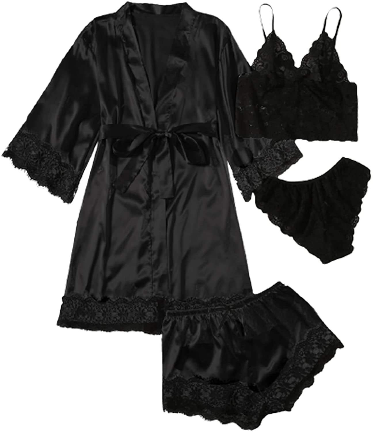 WDIRARA Women'S 4 Pieces Satin Floral Lace Cami Top Lingerie Pajama Set with Robe Apparel & Accessories > Clothing > Underwear & Socks > Lingerie WDIRARA Black Belted X-Large 
