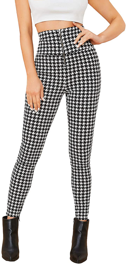 SweatyRocks Women's Casual Skinny Leggings Stretchy High Waisted Work Pants Apparel & Accessories > Clothing > Activewear SweatyRocks Zipper Plaid X-Small 