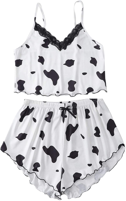 Shein Women'S Cow Print Sleepwear Lace Frill Trim Crop Cami Top and Shorts Pajama Set Apparel & Accessories > Clothing > Sleepwear & Loungewear Kylie Max   