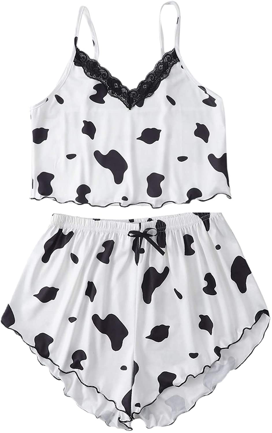Shein Women'S Cow Print Sleepwear Lace Frill Trim Crop Cami Top and Shorts Pajama Set Apparel & Accessories > Clothing > Sleepwear & Loungewear Kylie Max   