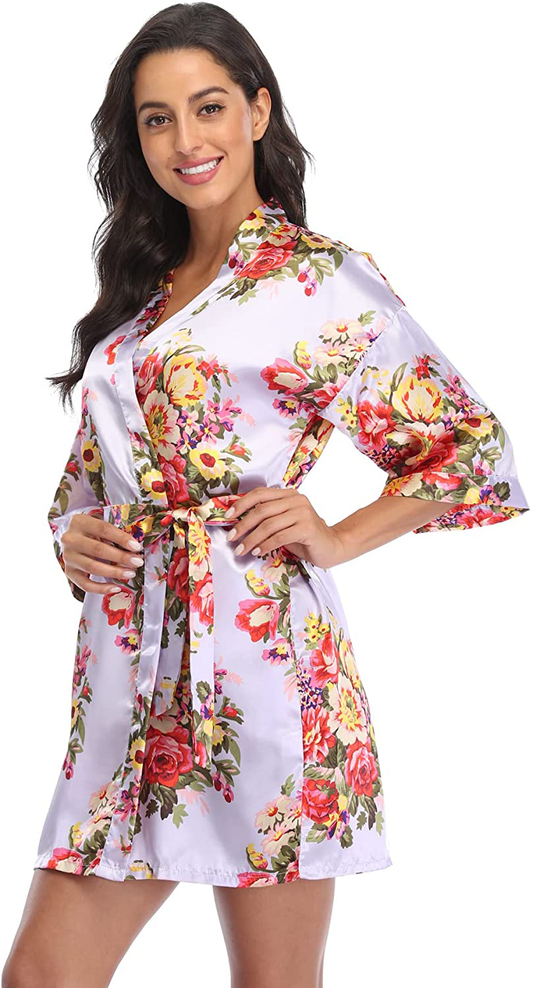 Floral Robes for Women Bride Bridesmaid Short Kimono Robe Satin Dressing Gown for Wedding Party Apparel & Accessories > Clothing > Sleepwear & Loungewear > Robes CostumeDeals Light Purple Small 