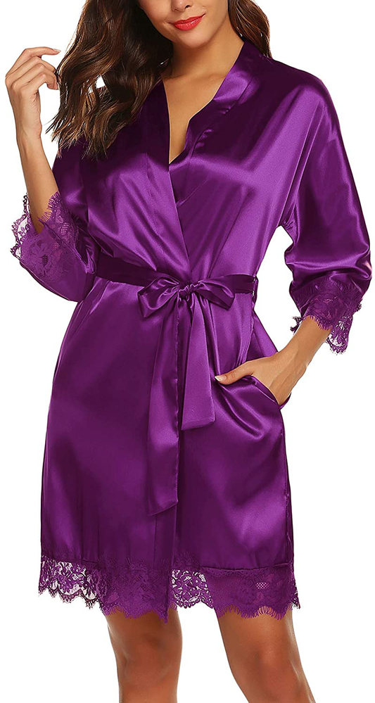 URRU Women'S Satin Silk Bathrobe Oblique V-Neck Short Kimono Robe Bridesmaids Robe S-XXXL Apparel & Accessories > Clothing > Sleepwear & Loungewear > Robes KYLIE MAX Purple Medium 