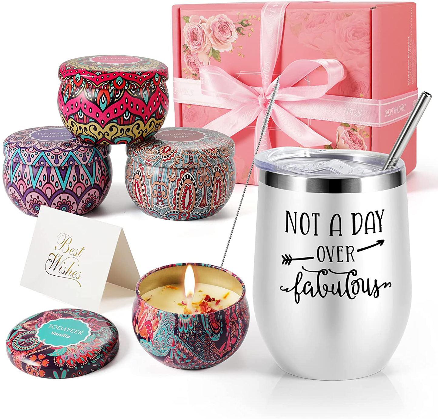 Birthday Gifts for Women - Insulated Wine Tumbler Rose Gold and Candles 4 Pack Gift Bath Set Gifts for Women - Stainless Steel Wine Tumbler with Lid - Best Relaxing Spa Gift Box Basket Present Arts & Entertainment > Party & Celebration > Gift Giving TODAYEER White  
