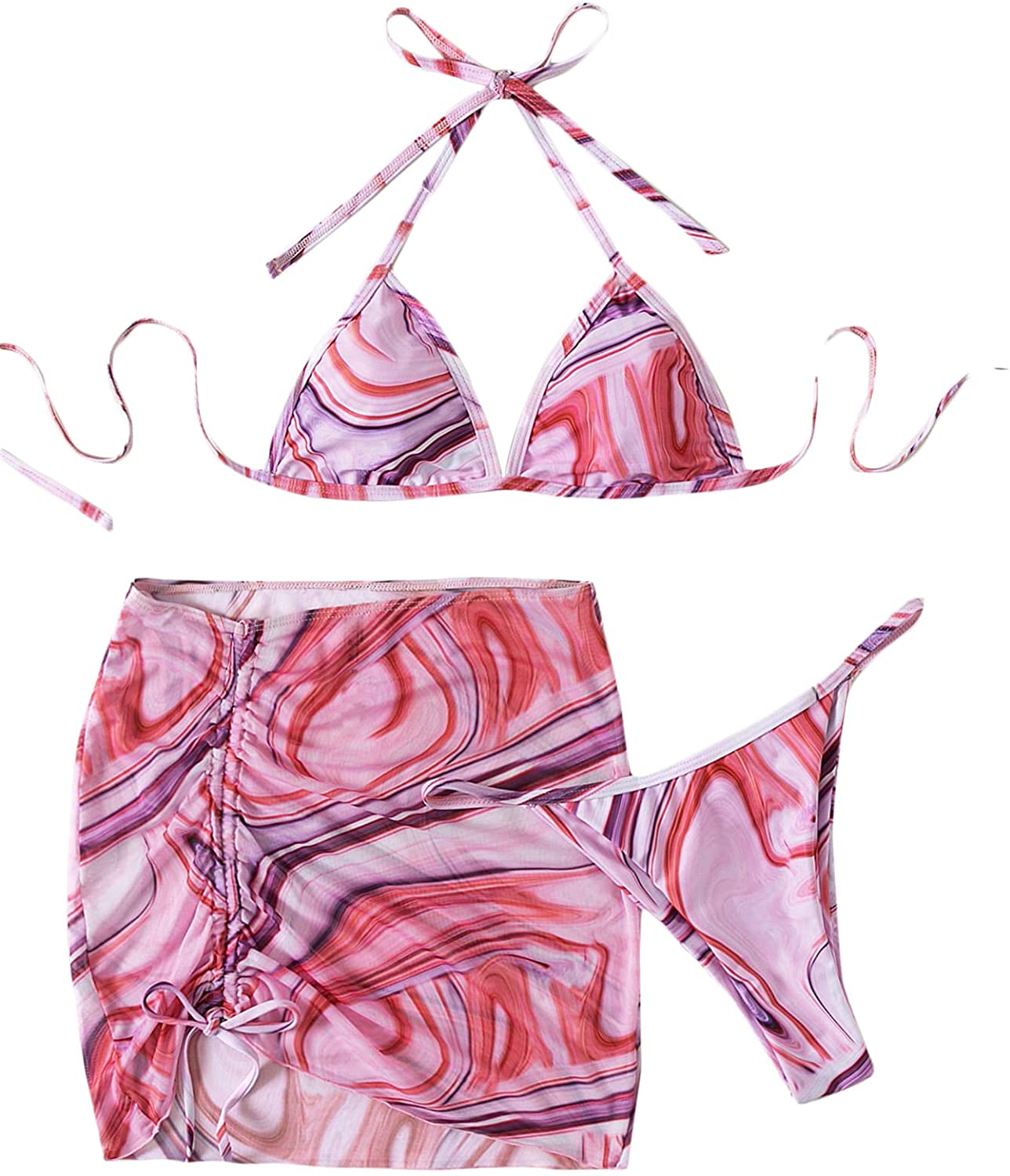 SOLY HUX Women's Wrap Triangle Bikini Bathing Suits with Mesh Beach Skirt 3 Piece Swimsuits Apparel & Accessories > Clothing > Swimwear KYLIE MAX Allover Print Multicoloured Small 