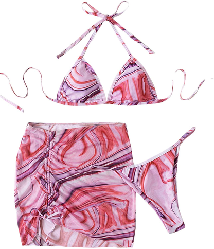 SOLY HUX Women's Wrap Triangle Bikini Bathing Suits with Mesh Beach Skirt 3 Piece Swimsuits Apparel & Accessories > Clothing > Swimwear KYLIE MAX Allover Print Multicoloured Small 