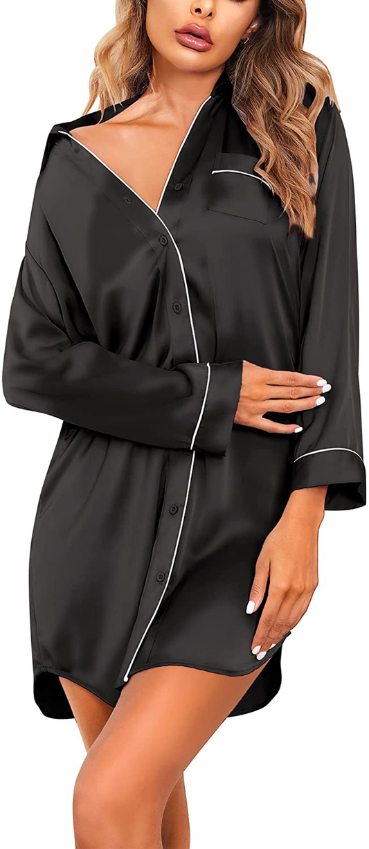 Ekouaer Women'S Long Sleeve Satin Sleepshirt Button down Nightgowns Silk Nightshirt Pajama Top Sleepwear S-XXL Apparel & Accessories > Clothing > Sleepwear & Loungewear > Nightgowns Kylie Max   