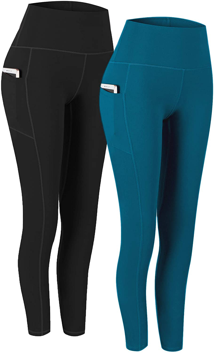 Fengbay 2 Pack High Waist Yoga Pants, Pocket Yoga Pants Tummy Control Workout Running 4 Way Stretch Yoga Leggings Apparel & Accessories > Clothing > Activewear Fengbay Black & Peacock Blue Large 