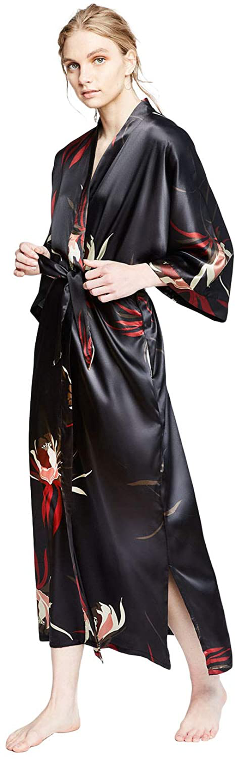 KIM+ONO Women'S Satin Kimono Robe Long - Floral Apparel & Accessories > Clothing > Sleepwear & Loungewear > Robes KIM+ONO   
