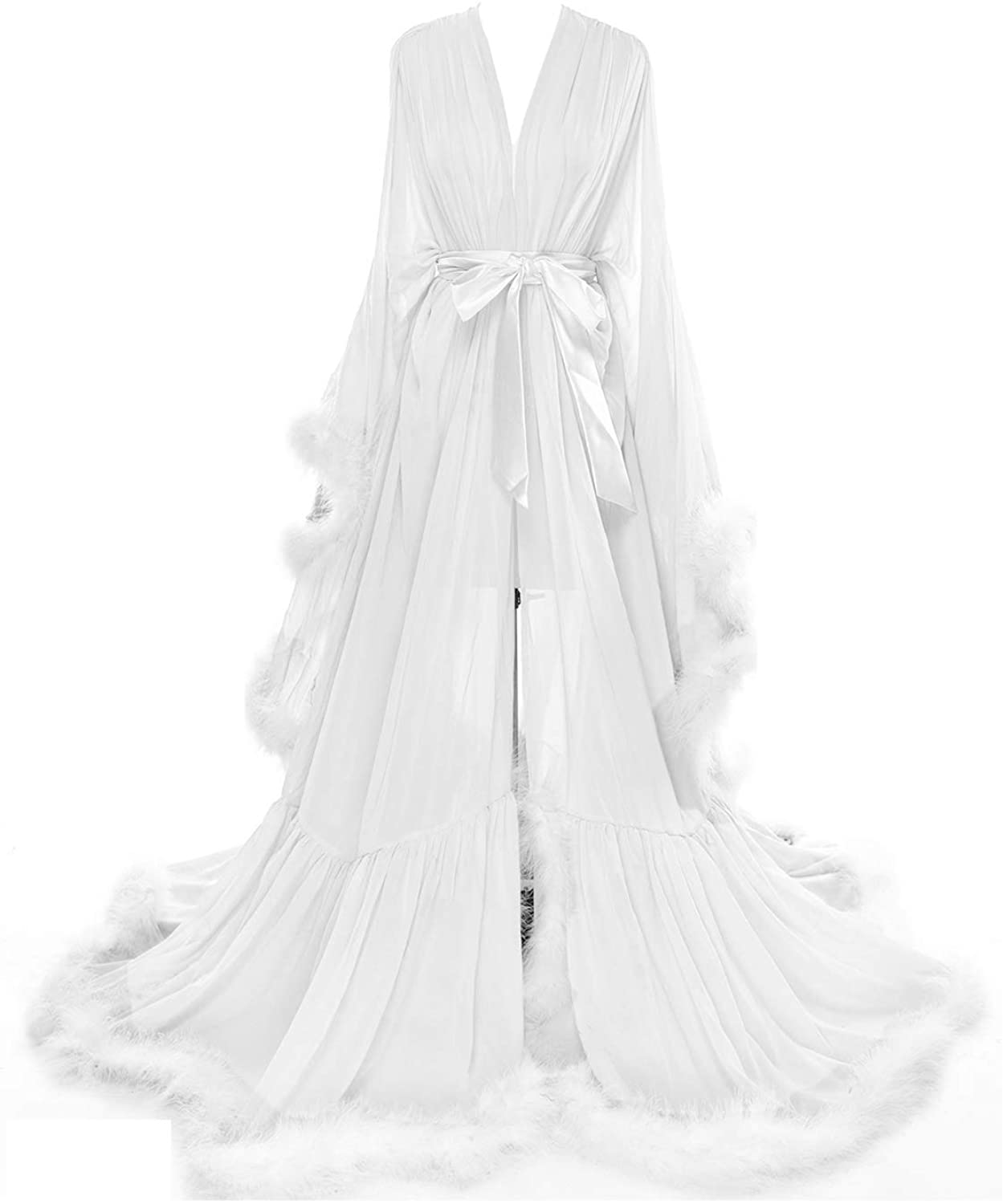 Molisa Women'S Sexy Feather Bridal Robe Long Wedding Scarf Illusion Bathrobe Sleepwear Lingerie Robe Nightgown Apparel & Accessories > Clothing > Sleepwear & Loungewear > Robes Molisa White Large-X-Large 