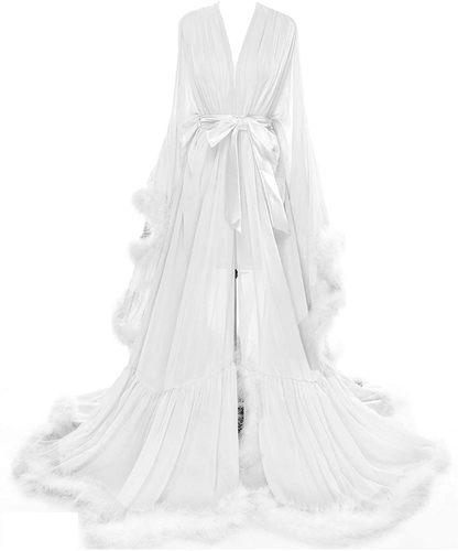 Molisa Women'S Sexy Feather Bridal Robe Long Wedding Scarf Illusion Bathrobe Sleepwear Lingerie Robe Nightgown Apparel & Accessories > Clothing > Sleepwear & Loungewear > Robes Molisa White Large-X-Large 