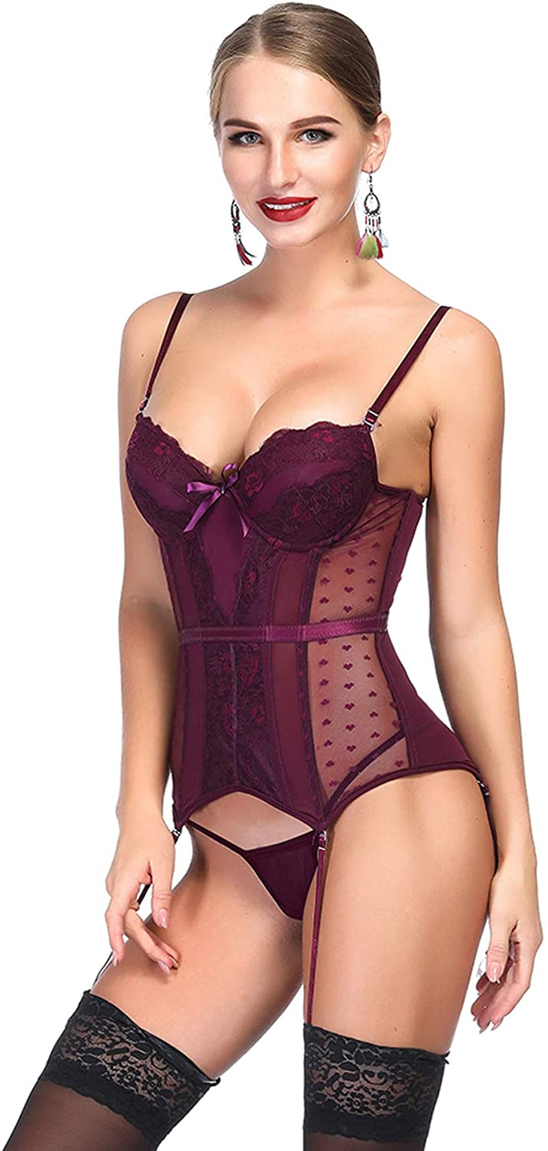TOPMELON Sexy Women'S Bustiers & Corsets Lingerie Set Boned Overbust Corset Top Garter Belt Gift for Her Apparel & Accessories > Clothing > Underwear & Socks > Lingerie TOPMELON Wine Red Large 