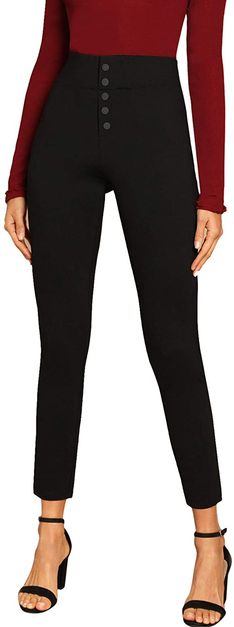 SweatyRocks Women's Casual Skinny Leggings Stretchy High Waisted Work Pants Apparel & Accessories > Clothing > Activewear SweatyRocks Elastic Waisted Button Black X-Small 