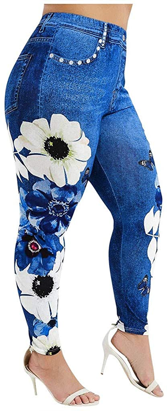 Burband Womens plus Size Stretch Drawstring Stretch Floral Print Jersey Capri Leggings High Rise Skinny Jeans Pants S-5XL Apparel & Accessories > Clothing > Underwear & Socks > Shapewear Burband 1blue Small 