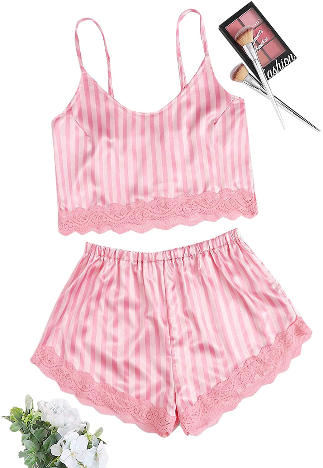 Sweatyrocks Women'S Satin Lace Sleepwear Cami Top and Shorts Pajama Set Apparel & Accessories > Clothing > Sleepwear & Loungewear Kylie Max   