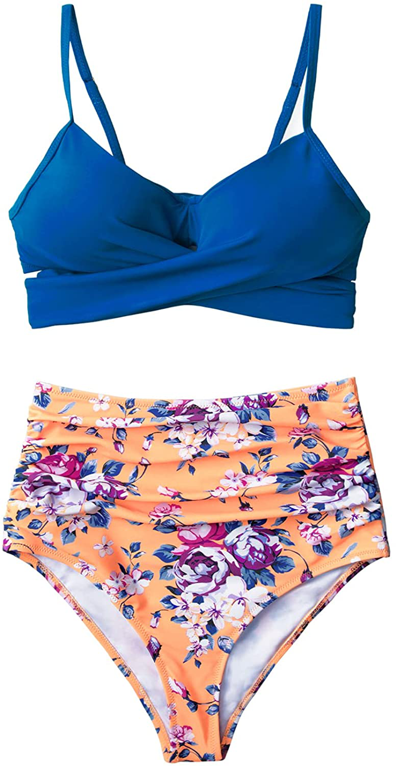 CUPSHE Women's High Waist Bikini Swimsuit Floral Print Tie Two Piece Bathing Suit Apparel & Accessories > Clothing > Swimwear CUPSHE   
